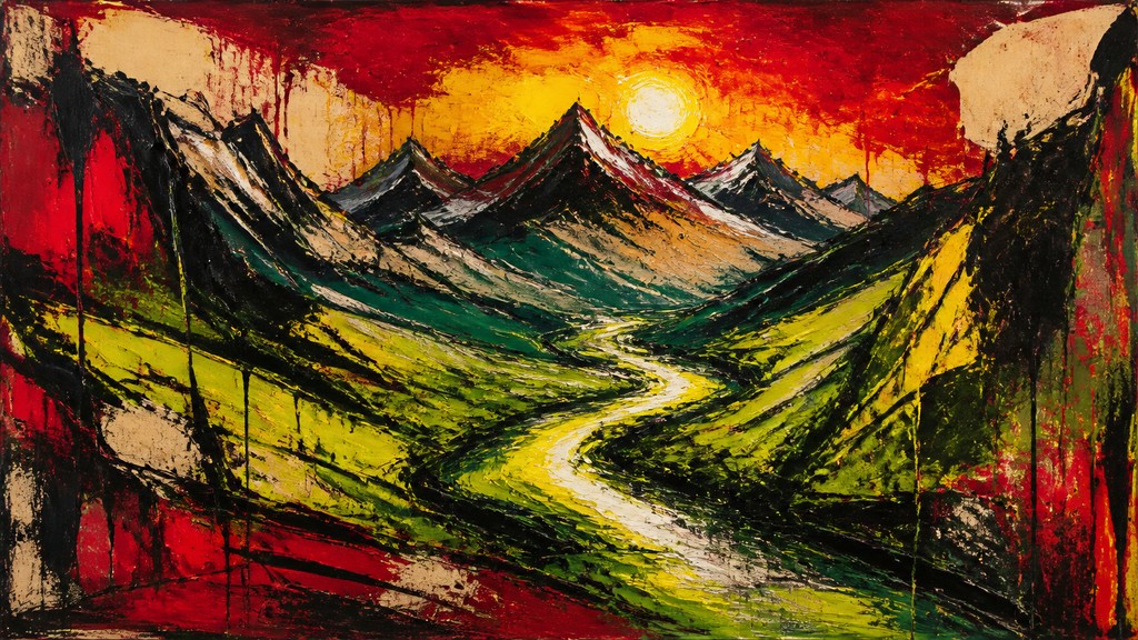 a vast valley with a river winding toward distant mountains at sunrise, no people, no text — Neo-Expressionist Figurative Art Style desktop wallpaper