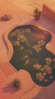 a koi pond with lily pads seen from above, no people — Desertwave Aesthetic wallpaper