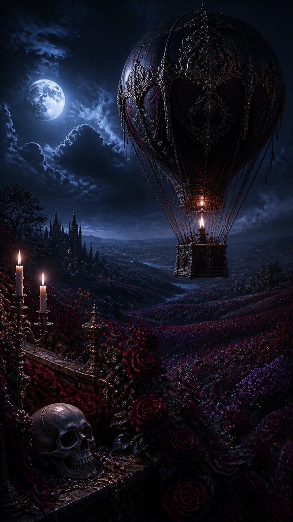 a hot air balloon drifting over rolling flower fields on a sunny day, cheerful, no text — Dark Gothic Art greeting card