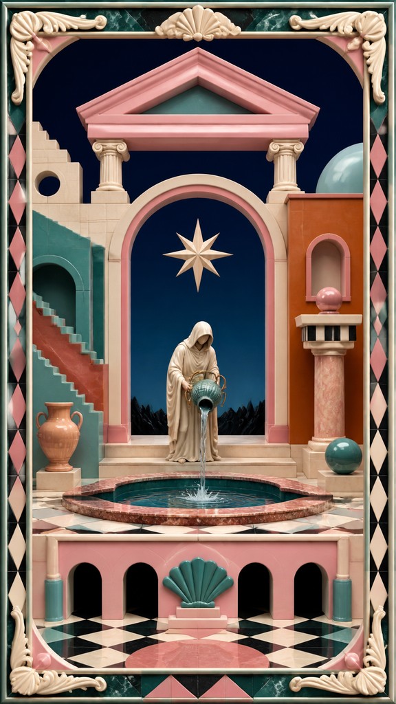 a robed figure pouring water beneath a large eight-pointed star in a night sky, symmetrical composition with an ornate decorative border, no text — Postmodern Architecture tarot card