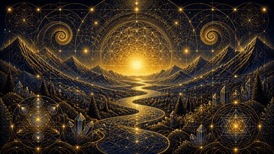 a vast valley with a river winding toward distant mountains at sunrise, no people, no text — Sacred Geometric Art wallpaper