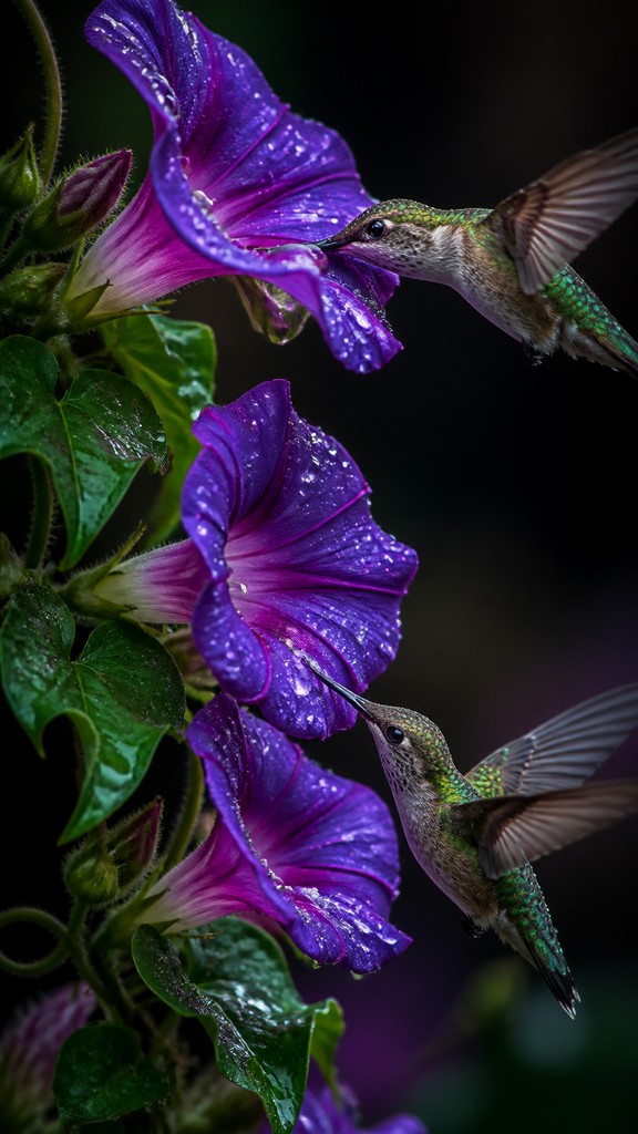 a climbing vine of flowers and hummingbirds on a dark background, tall wrapping composition, no text — Macro Photography Style phone case design
