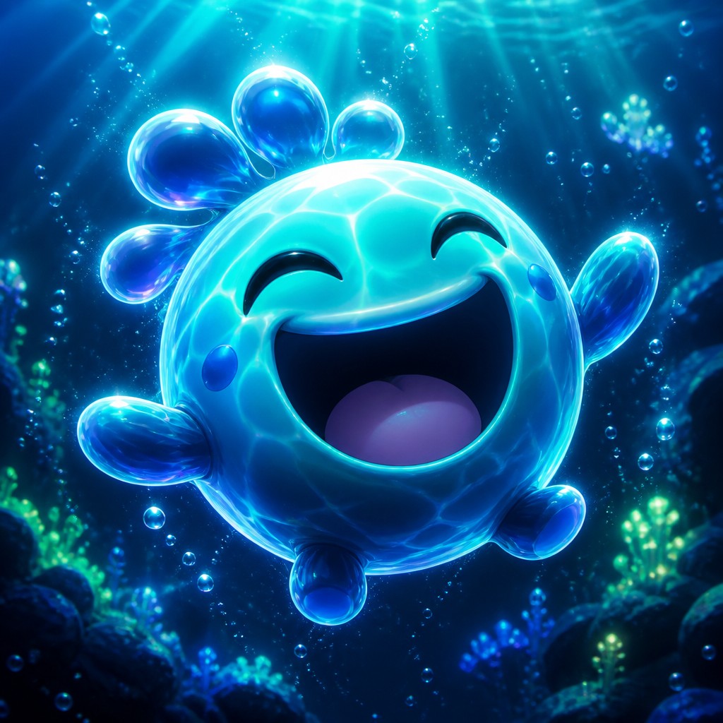 an exaggerated laughing face of an original round mascot character, bold and readable at small size, plain background, no text — Underwater Fantasy Art Twitch emote