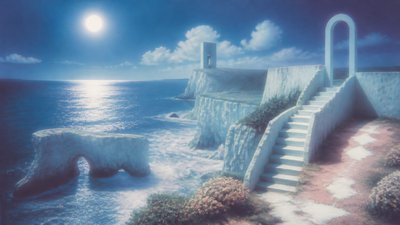 a moonlit coastline with cliffs and crashing surf, no people — Dreamcore Aesthetic wallpaper