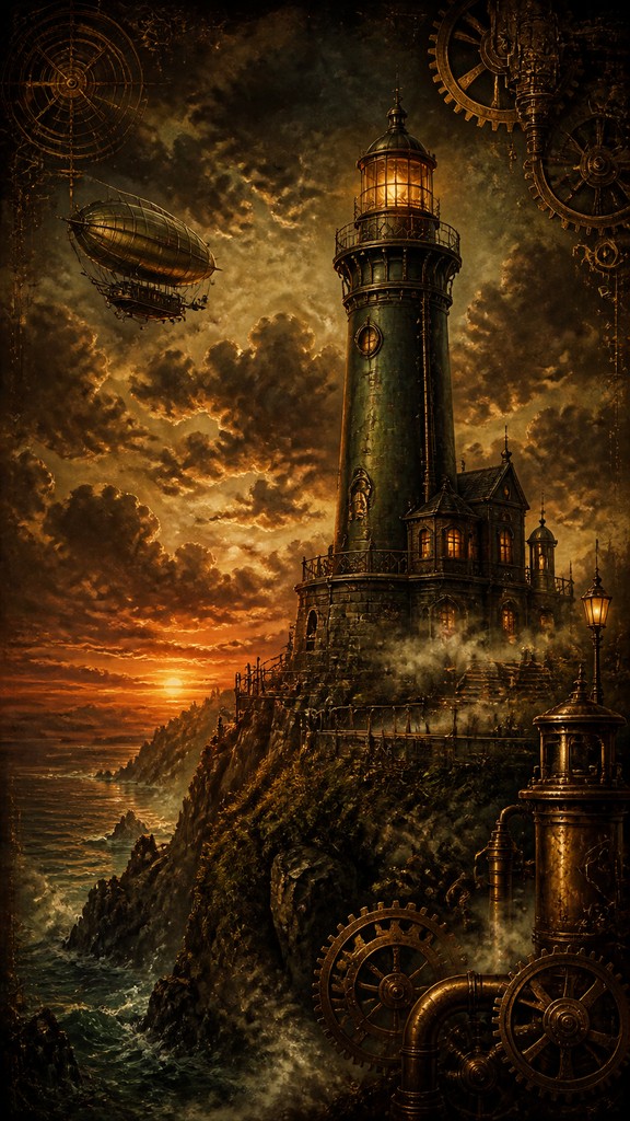 a lone lighthouse on a cliff at dusk under a dramatic sky, no text or lettering — Steampunk Fantasy Art poster