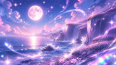 a moonlit coastline with cliffs and crashing surf, no people — Magical Girl Anime Art Style wallpaper