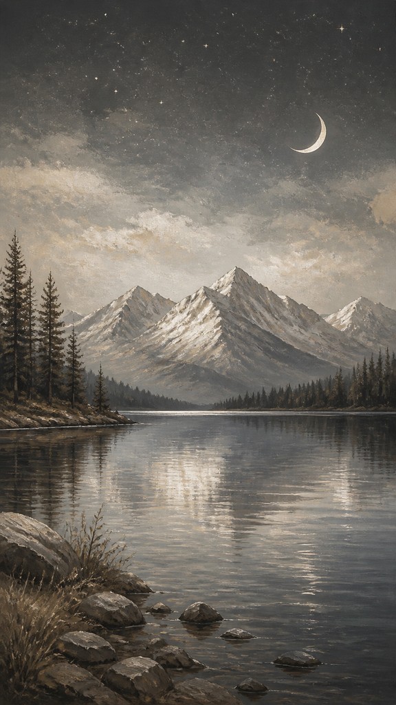 a tranquil mountain lake beneath a starry night sky, no people, no text — Modern Farmhouse Interior Design phone wallpaper