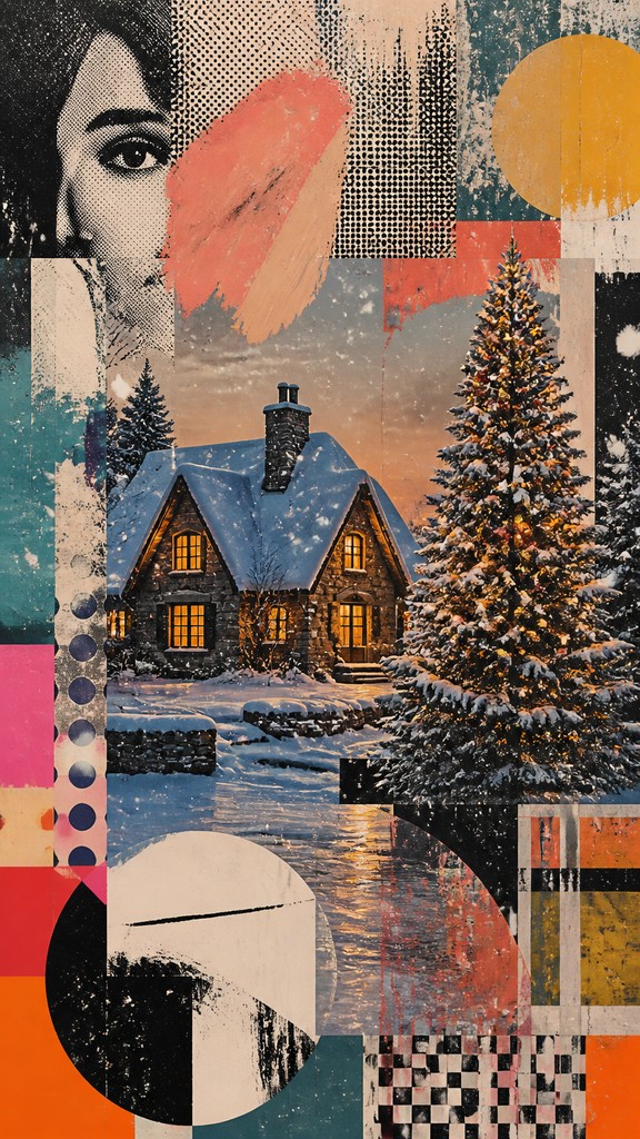 a snow-covered cottage with warm glowing windows beside a decorated pine tree, gentle snowfall, no text — Postmodernism Art Style Christmas card