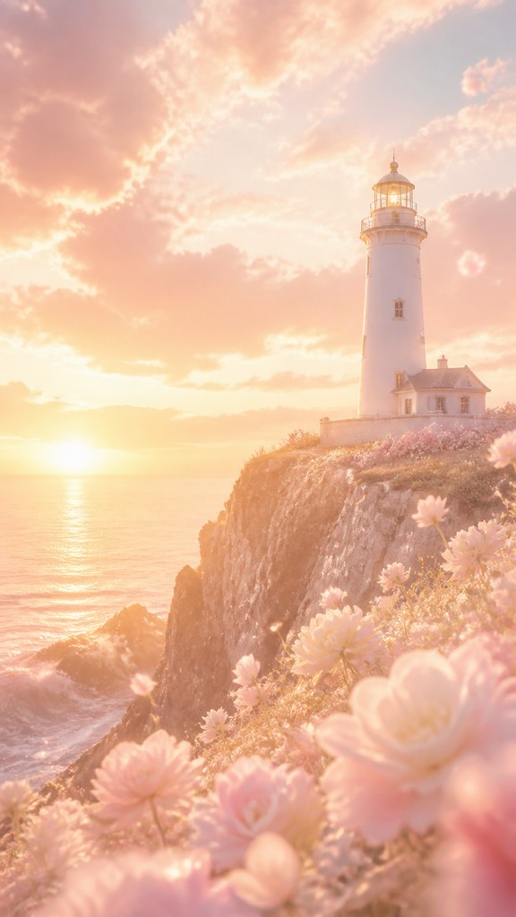 a lone lighthouse on a cliff at dusk under a dramatic sky, no text or lettering — Light Feminine Aesthetic poster