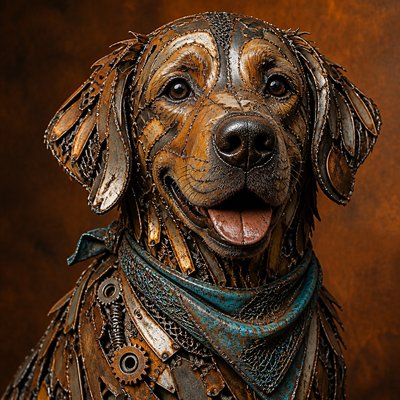 Metal Assemblage Sculpture Art Style pet portrait example