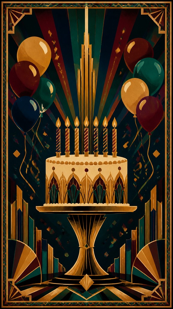 a birthday cake with lit candles surrounded by balloons and confetti, festive vertical composition, no text — Art Deco Poster Design birthday card