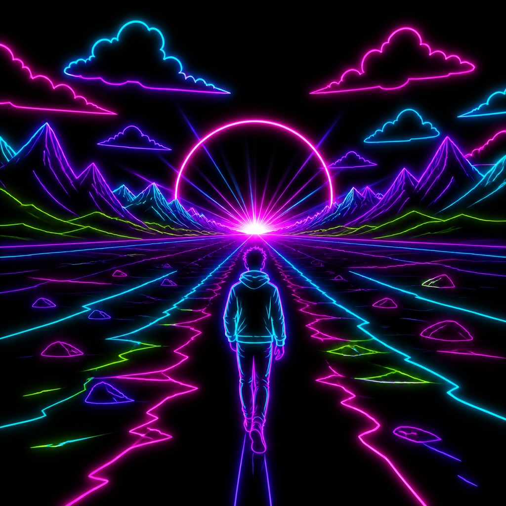 a solitary figure walking toward a glowing horizon across an empty plain, moody atmosphere, no text or lettering — Neon Outline Style album cover