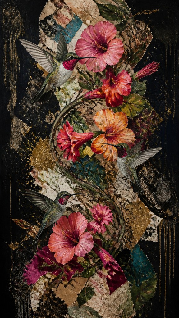 a climbing vine of flowers and hummingbirds on a dark background, tall wrapping composition, no text — Mixed Media Portrait Style phone case design