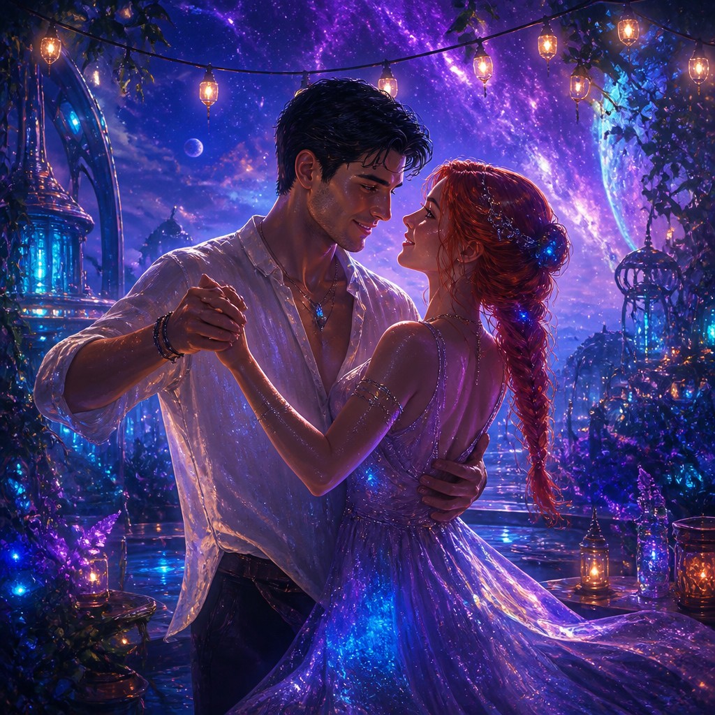 an original couple dancing under string lights in a garden at dusk: a man with short black hair in a linen shirt and a woman with braided red hair in a summer dress — Sci-Fi Fantasy Art couple portrait