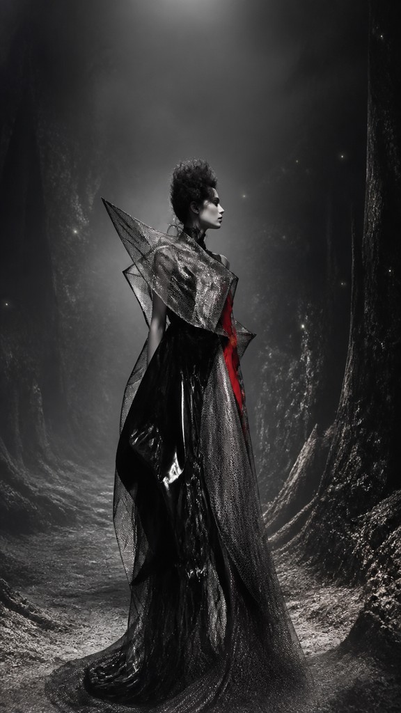 a mysterious forest path with fireflies and drifting mist, atmospheric vertical composition with open space at the top, no text — Avant-Garde Fashion Design book cover