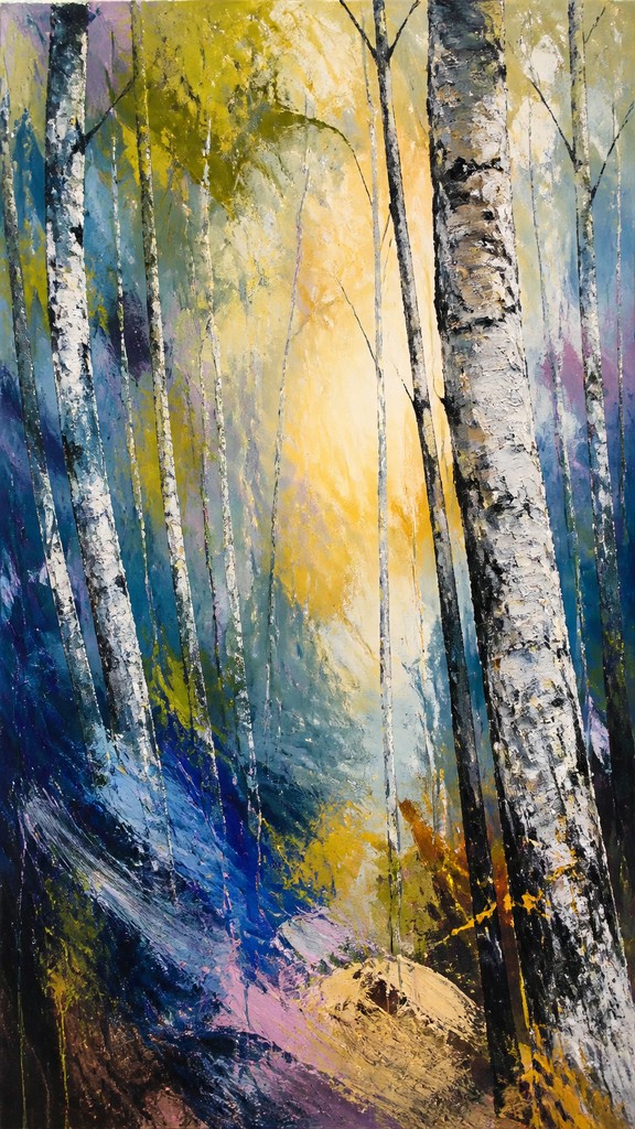 a serene birch forest in soft morning light, no people, no text — Abstract Expressionist Modern Art Style wall art print