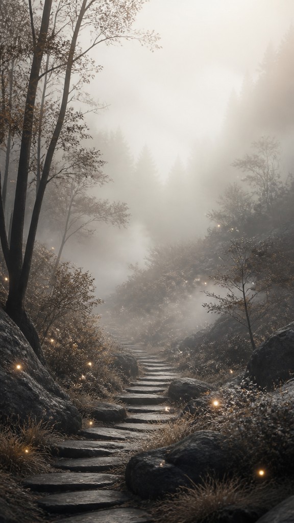 a mysterious forest path with fireflies and drifting mist, atmospheric vertical composition with open space at the top, no text — Contemporary Interior Design book cover