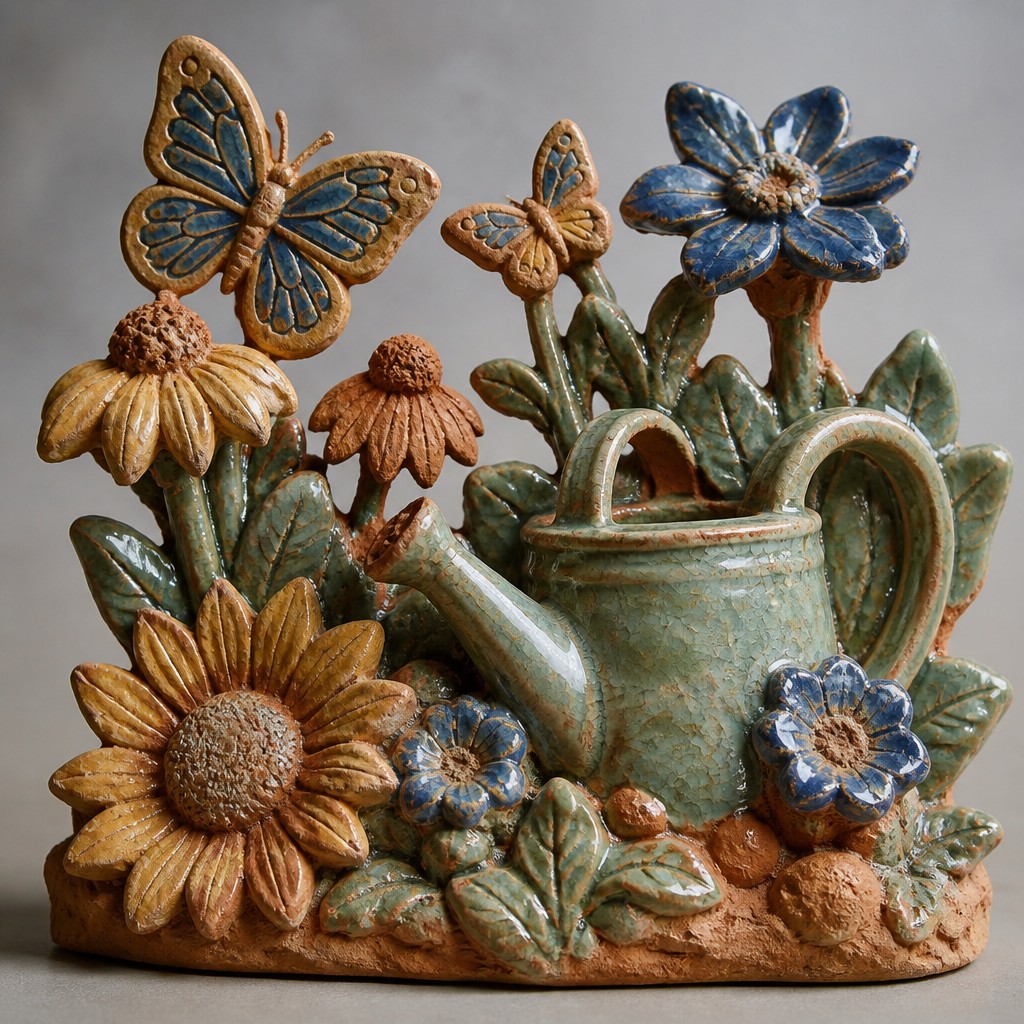 a garden scene with butterflies, flowers and a watering can, clean uncolored line art, no text — Ceramic Sculpture Art Style coloring page