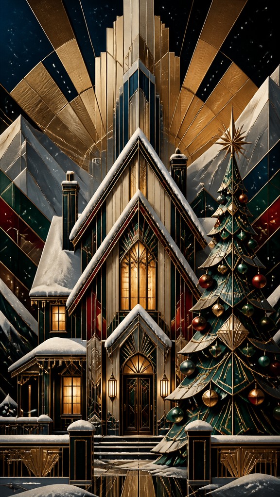 a snow-covered cottage with warm glowing windows beside a decorated pine tree, gentle snowfall, no text — Art Deco Architecture Art Christmas card