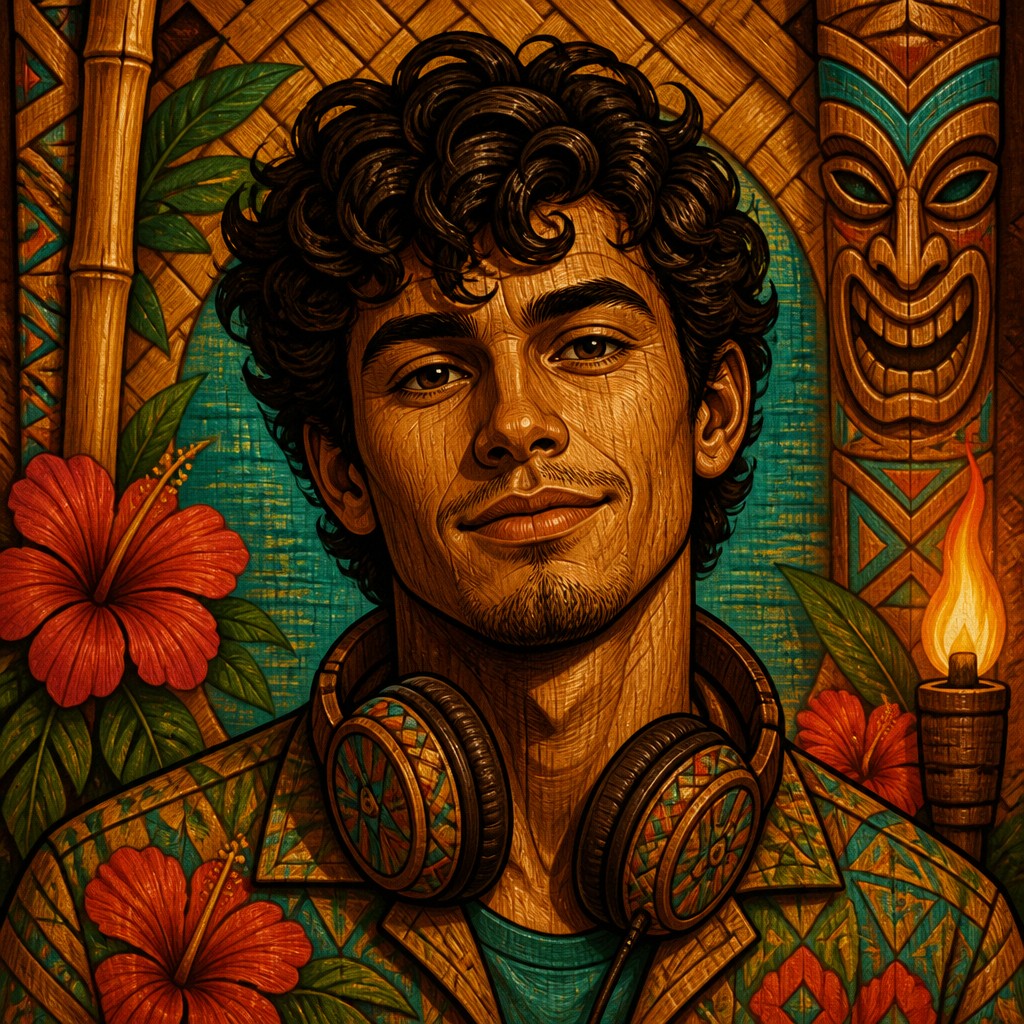 head-and-shoulders portrait of an original character: a young man with curly dark hair and headphones around his neck, plain backdrop, no text — Tiki Aesthetic Discord profile picture
