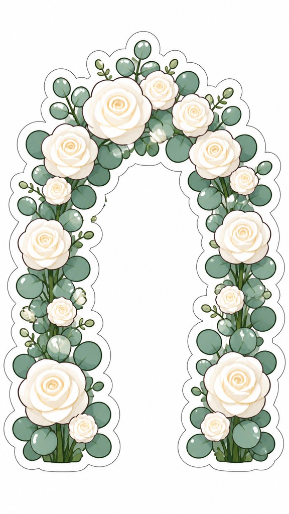 an arch of white roses and eucalyptus in soft morning light, elegant vertical composition with open space, no text — Character Sticker Design wedding invitation