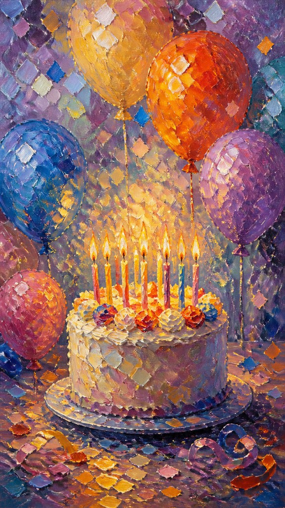 a birthday cake with lit candles surrounded by balloons and confetti, festive vertical composition, no text — Impressionist Still Life Art Style birthday card