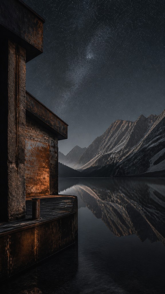 a tranquil mountain lake beneath a starry night sky, no people, no text — Industrial Interior Design phone wallpaper