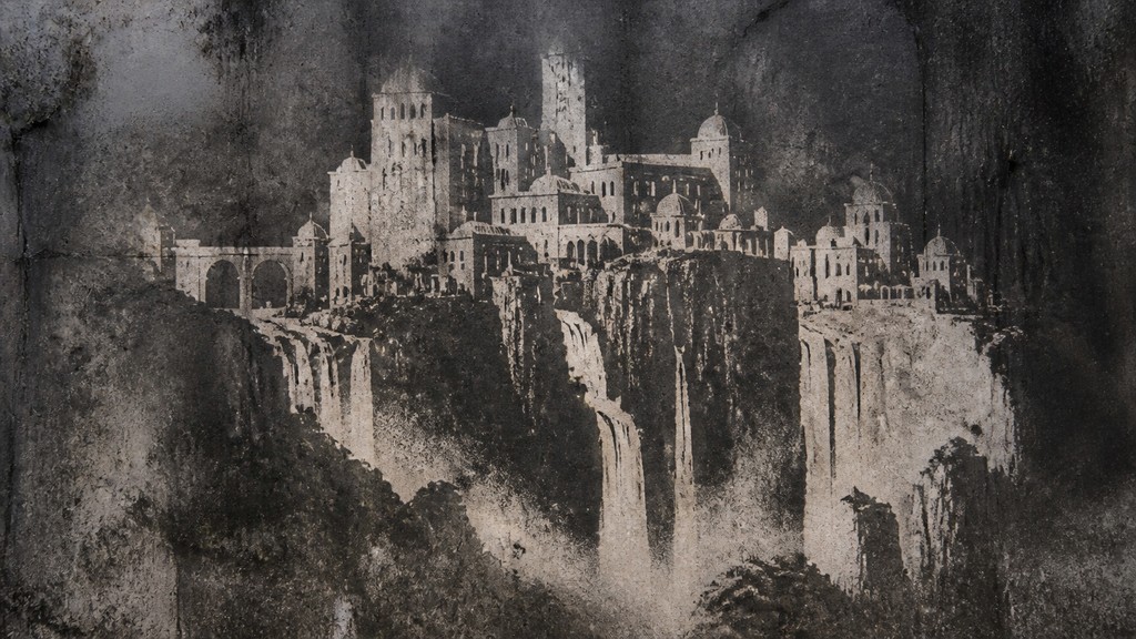 a cliffside city with waterfalls cascading into a misty canyon, wide establishing shot, no people, no text — Reverse Graffiti Street Art Style concept art