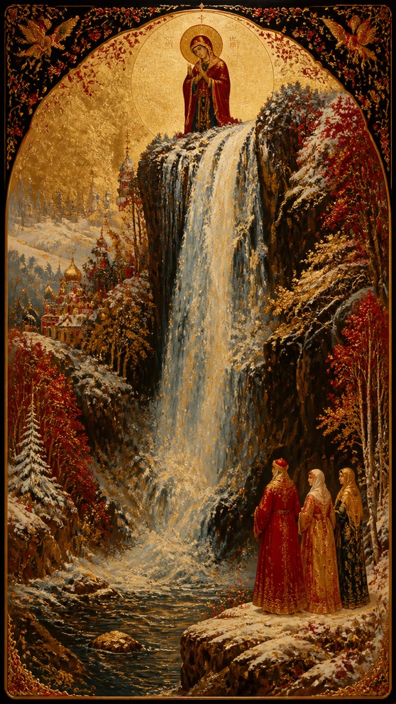 towering waterfall cascading down a cliff — Russian Art Style