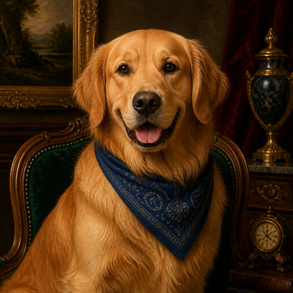 portrait of a golden retriever wearing a blue bandana, warm plain backdrop, no text — Traditional Interior Design pet portrait