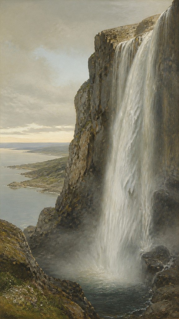 towering waterfall cascading down a cliff — Danish Art Style