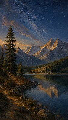 a tranquil mountain lake beneath a starry night sky, no people, no text — Landscape Nature Art wallpaper