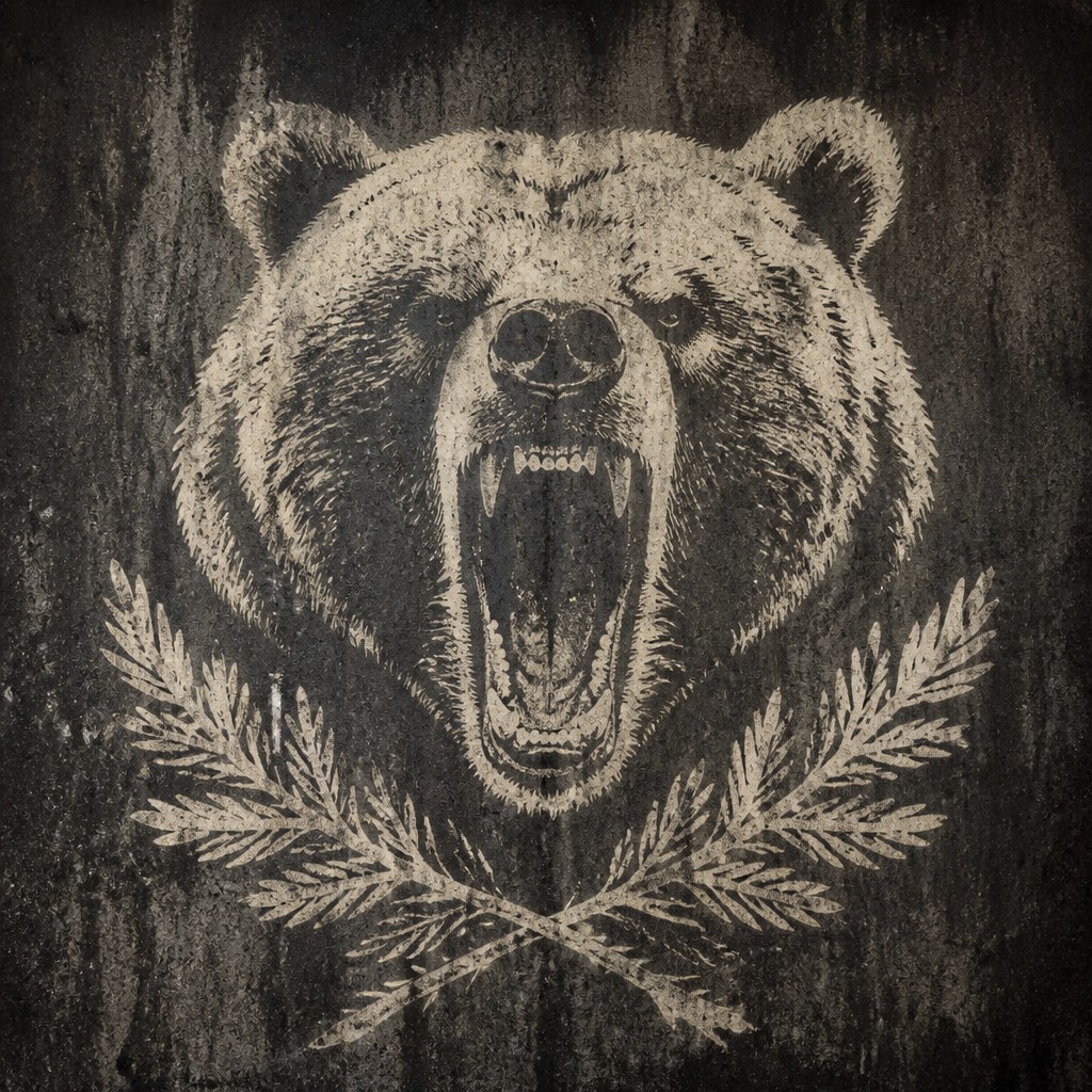 a roaring bear head above crossed pine branches, bold graphic composition on a plain background, no text — Reverse Graffiti Street Art Style t-shirt design