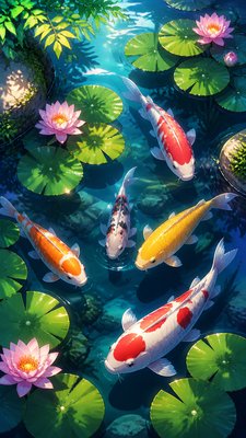 a koi pond with lily pads seen from above, no people — Anime Art Style wallpaper