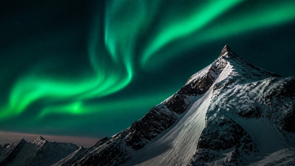 a flowing aurora over snowy peaks, wide sweeping composition, no people, no text — High Fashion Photography Style banner