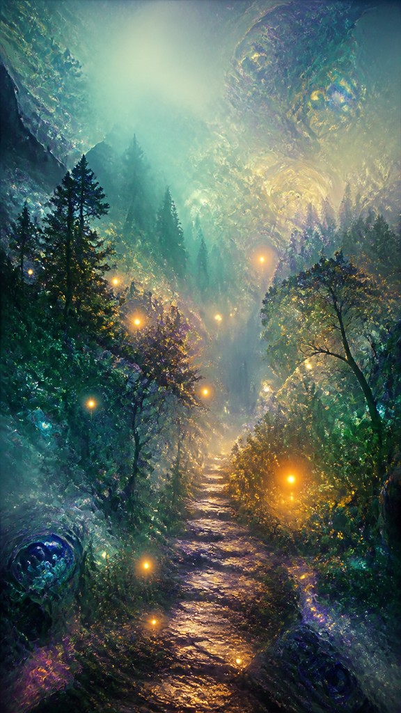 a mysterious forest path with fireflies and drifting mist, atmospheric vertical composition with open space at the top, no text — Neural Network Digital Art Style book cover