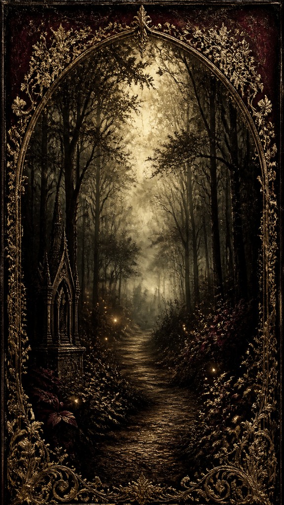 a mysterious forest path with fireflies and drifting mist, atmospheric vertical composition with open space at the top, no text — Victorian Gothic Art book cover