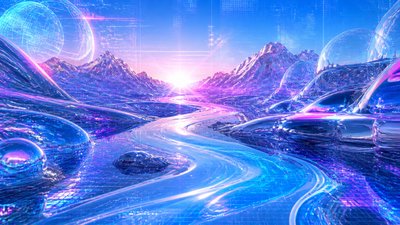 a vast valley with a river winding toward distant mountains at sunrise, no people, no text — Cyber Y2K Aesthetic wallpaper