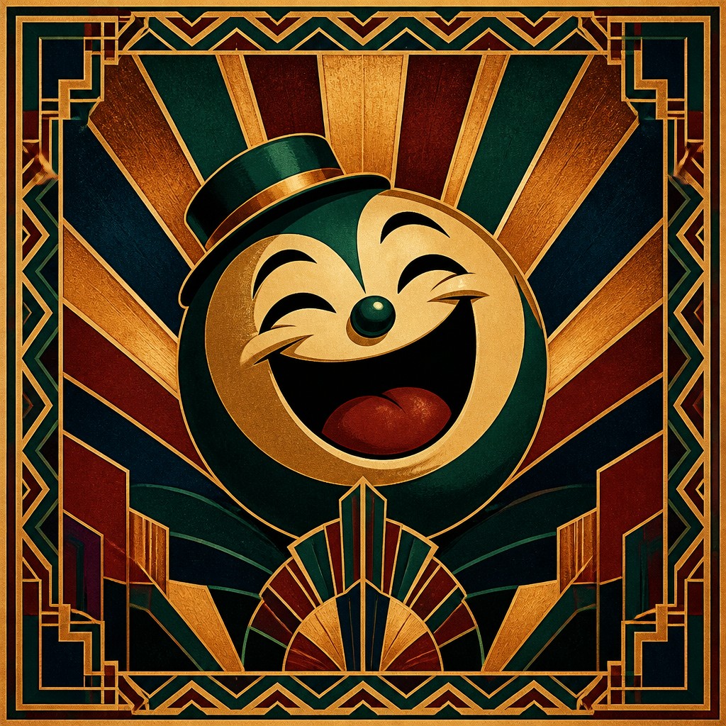 an exaggerated laughing face of an original round mascot character, bold and readable at small size, plain background, no text — Art Deco Poster Design Twitch emote