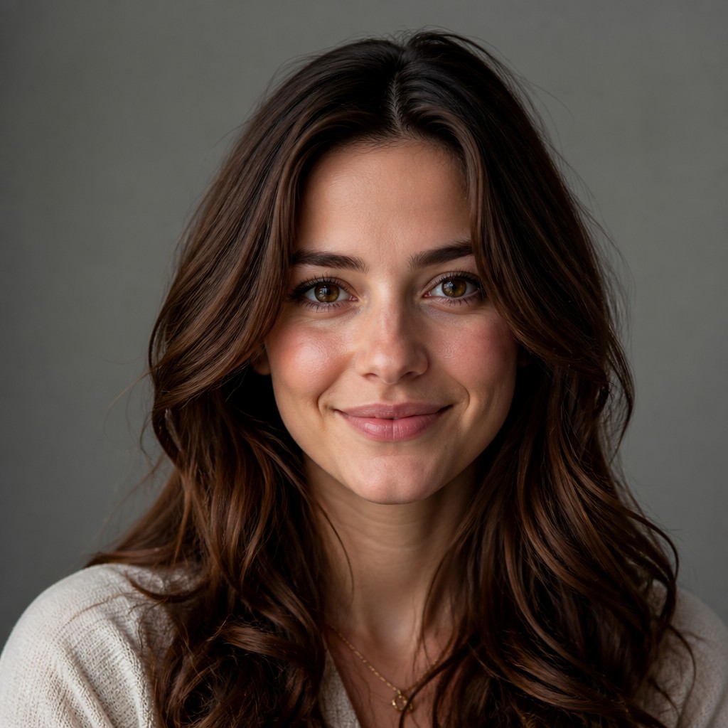 head-and-shoulders portrait of an original character: a young woman with wavy chestnut hair and a warm smile, plain soft backdrop — Photorealistic Still Life Art Style profile picture