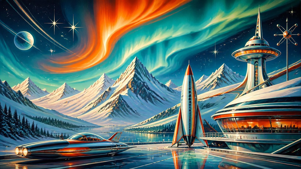a flowing aurora over snowy peaks, wide sweeping composition, no people, no text — Retro Futurism Sci-Fi Art banner