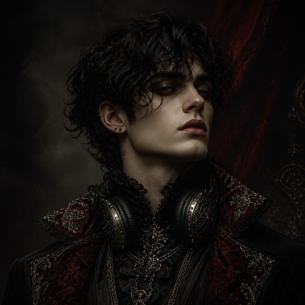 head-and-shoulders portrait of an original character: a young man with curly dark hair and headphones around his neck, plain backdrop, no text — Gothic Fashion Design Discord profile picture