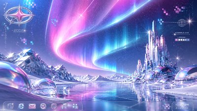 a sweeping aurora over a frozen lake, no people — Y2K Aesthetic wallpaper