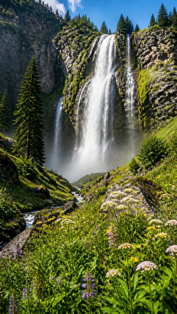 towering waterfall cascading down a cliff — Naturecore Aesthetic