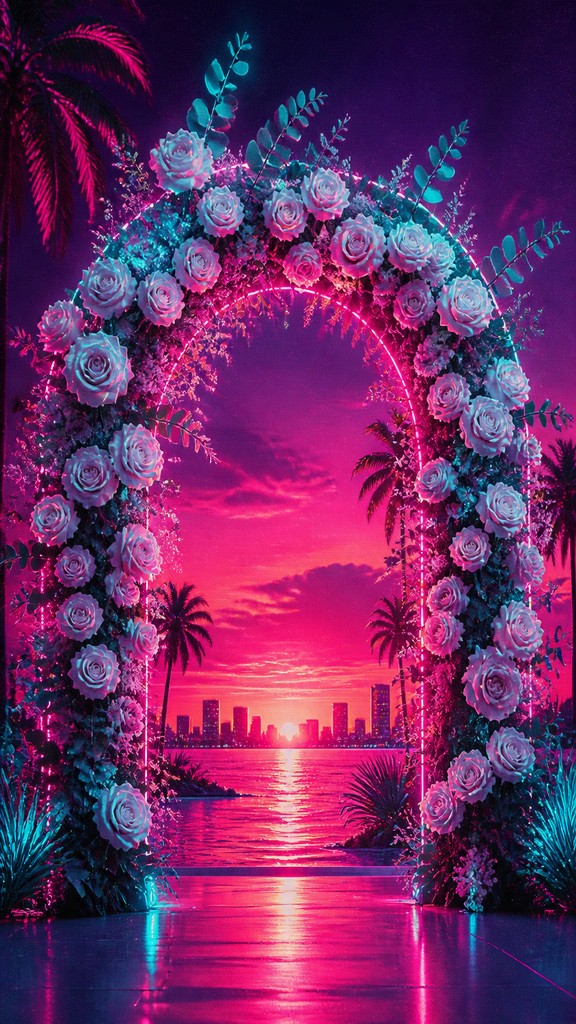 an arch of white roses and eucalyptus in soft morning light, elegant vertical composition with open space, no text — Miami Vice wedding invitation