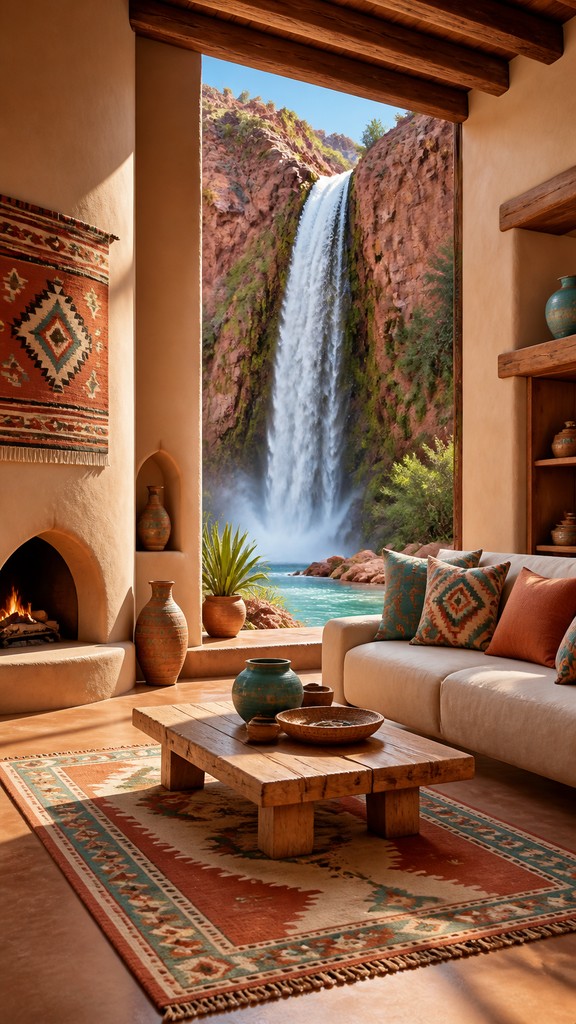 towering waterfall cascading down a cliff — Southwestern Interior Design