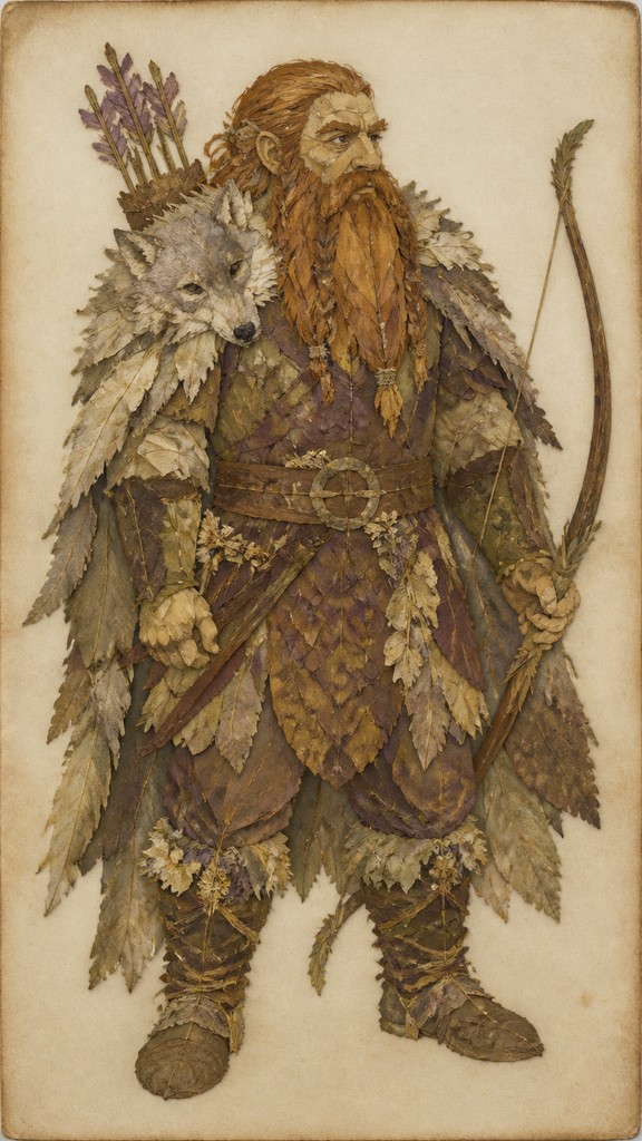 full-body original character: a dwarven ranger with a braided auburn beard, worn leather armor, a longbow and a wolf-pelt cloak, neutral background, no text — Pressed Flowers tabletop character portrait