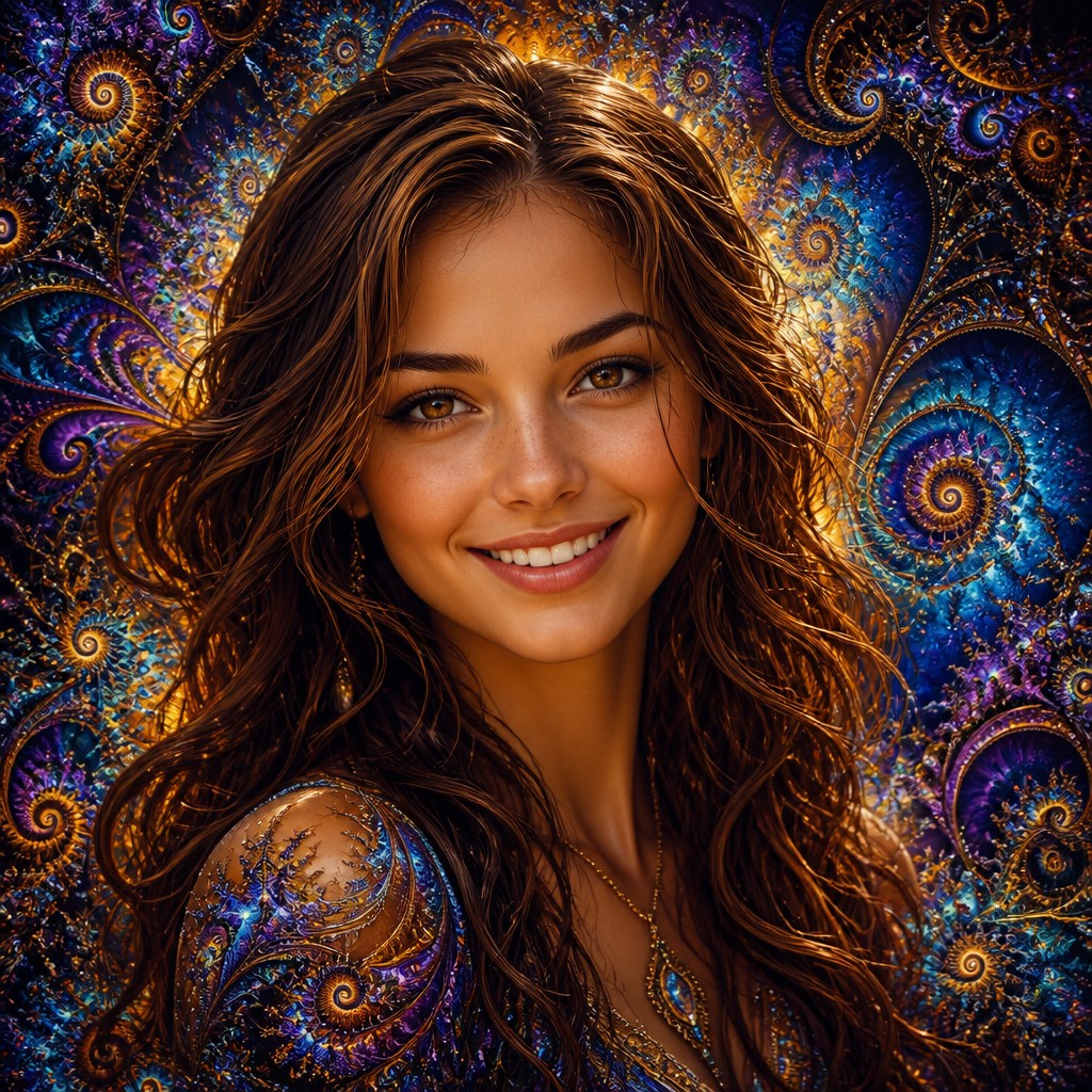 head-and-shoulders portrait of an original character: a young woman with wavy chestnut hair and a warm smile, plain soft backdrop — Fractal Abstract Art Style profile picture