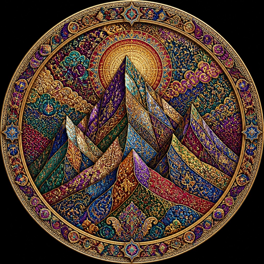 an emblem of a mountain peak inside a circle, simple bold shapes on a plain background, no text or lettering — Maximalism Art Style logo concept