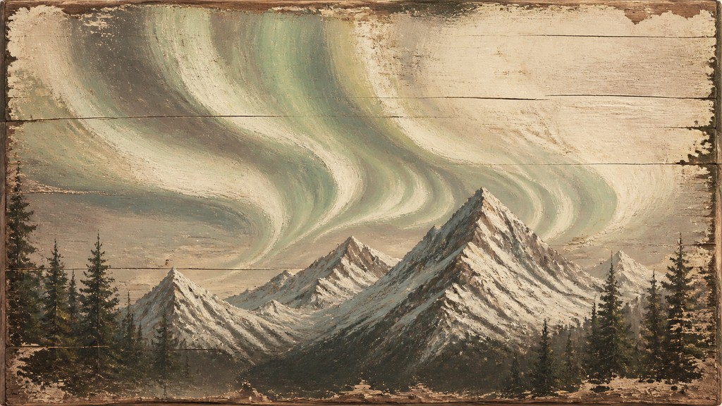 a flowing aurora over snowy peaks, wide sweeping composition, no people, no text — Rustic Farmhouse Furniture Art banner